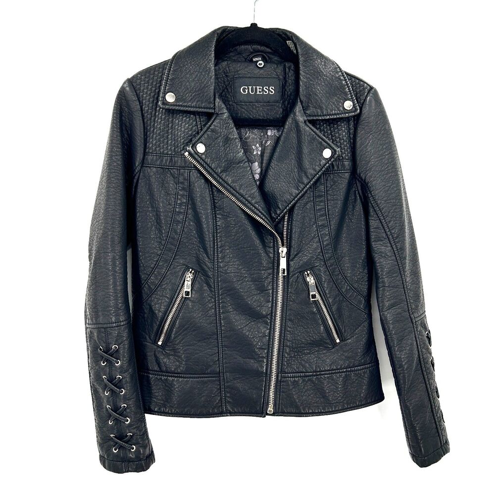 GUESS Black Faux Leather Lace Up Sleeves Asymmetrical Moto Biker Jacket Medium